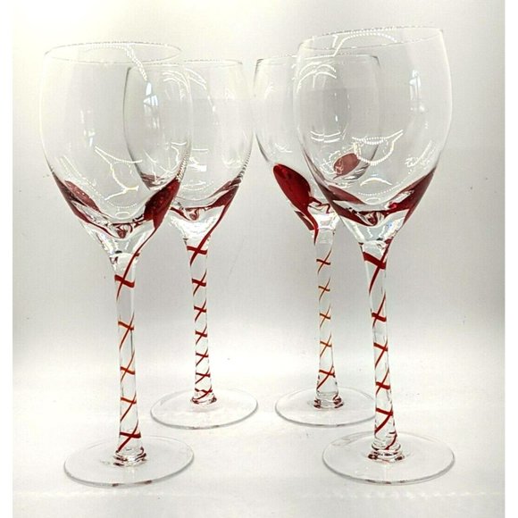 Pier 1 Set of 4 Red Swirl Ribbon Stemmed White Wine Glasses Hand Blown